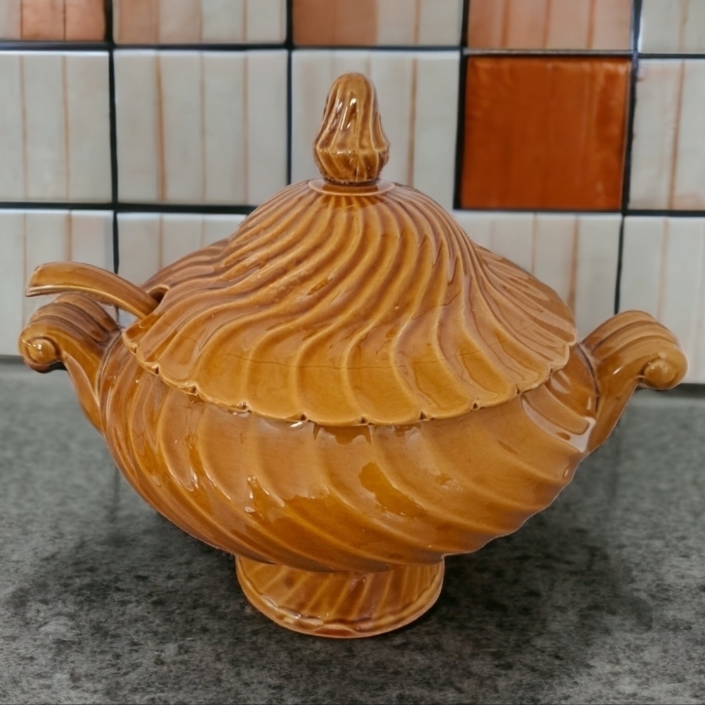 Vintage ceramic electric large soup tureen with ladle and lid